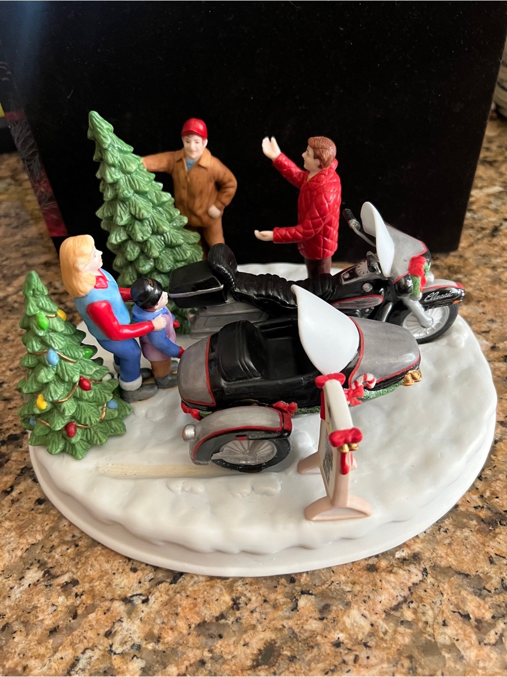 Harley Davidson  "Bringing Home the Tree" fine porcelain 2001 Holiday Figurine